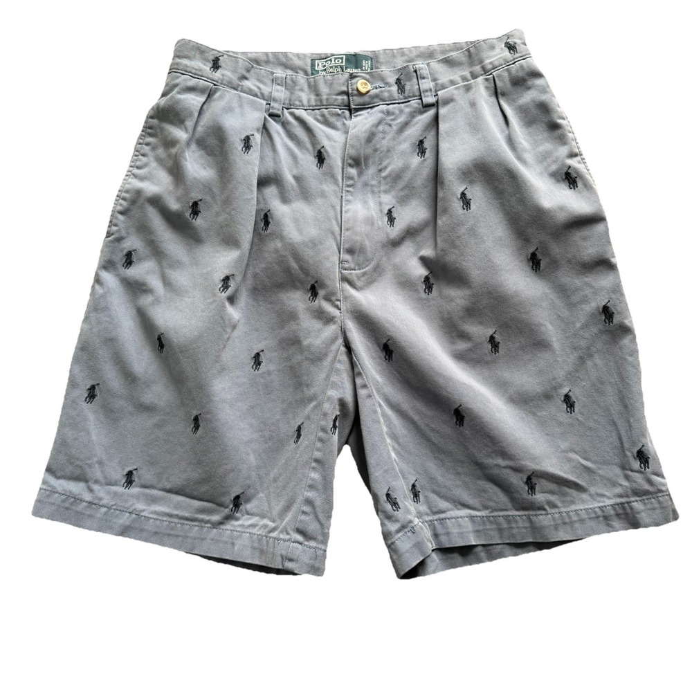 Vtg Ralph Lauren POLO Classic Fit Pleated Pony Shorts MensSz 32 All Over Print